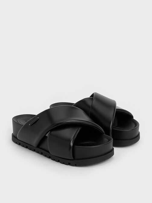 Crossover-Strap Flatform Sandals, Black, hi-res