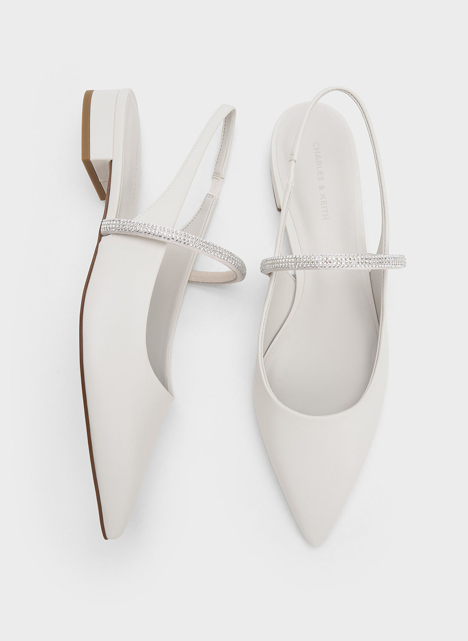 Crystal-Strap Pointed-Toe Slingback Flats, White, hi-res