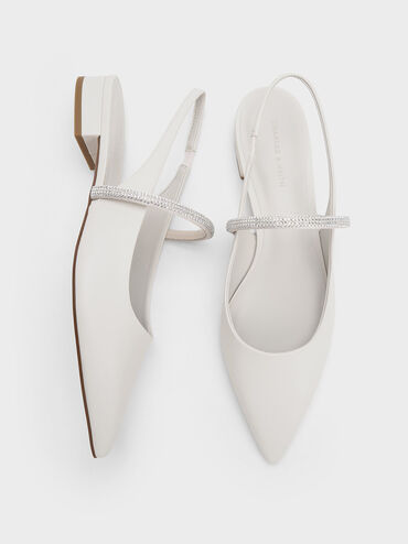 Crystal-Strap Pointed-Toe Slingback Flats, White, hi-res