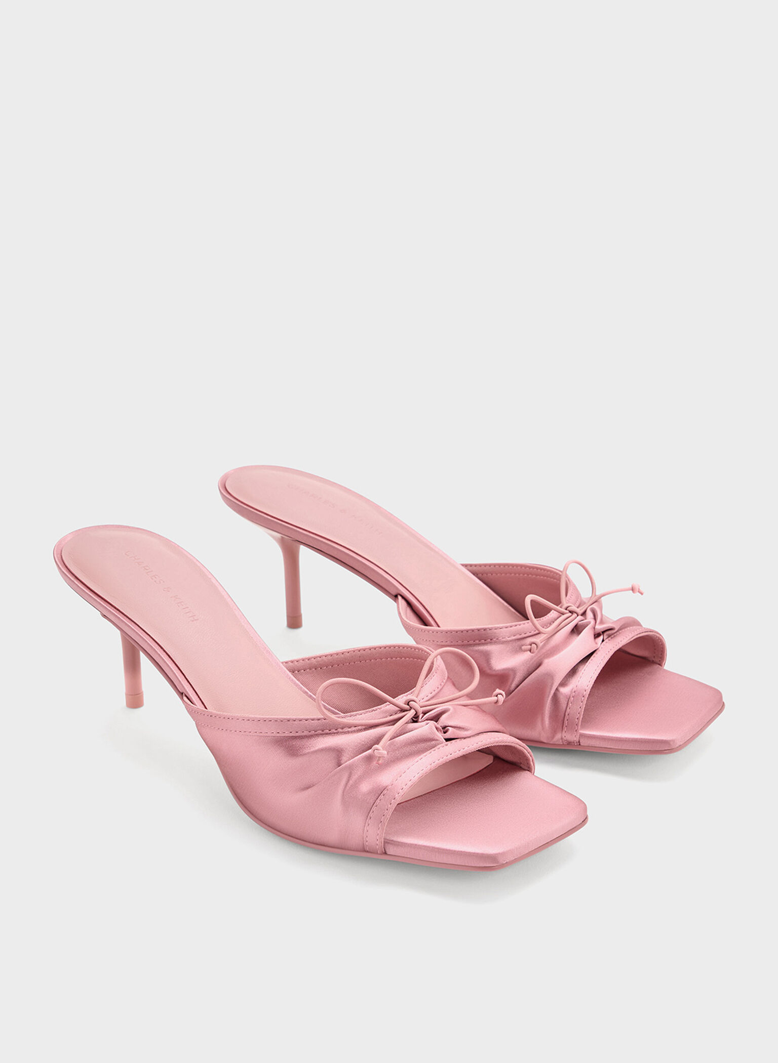 Satin Ruched Bow Heeled Mules, Pink, hi-res