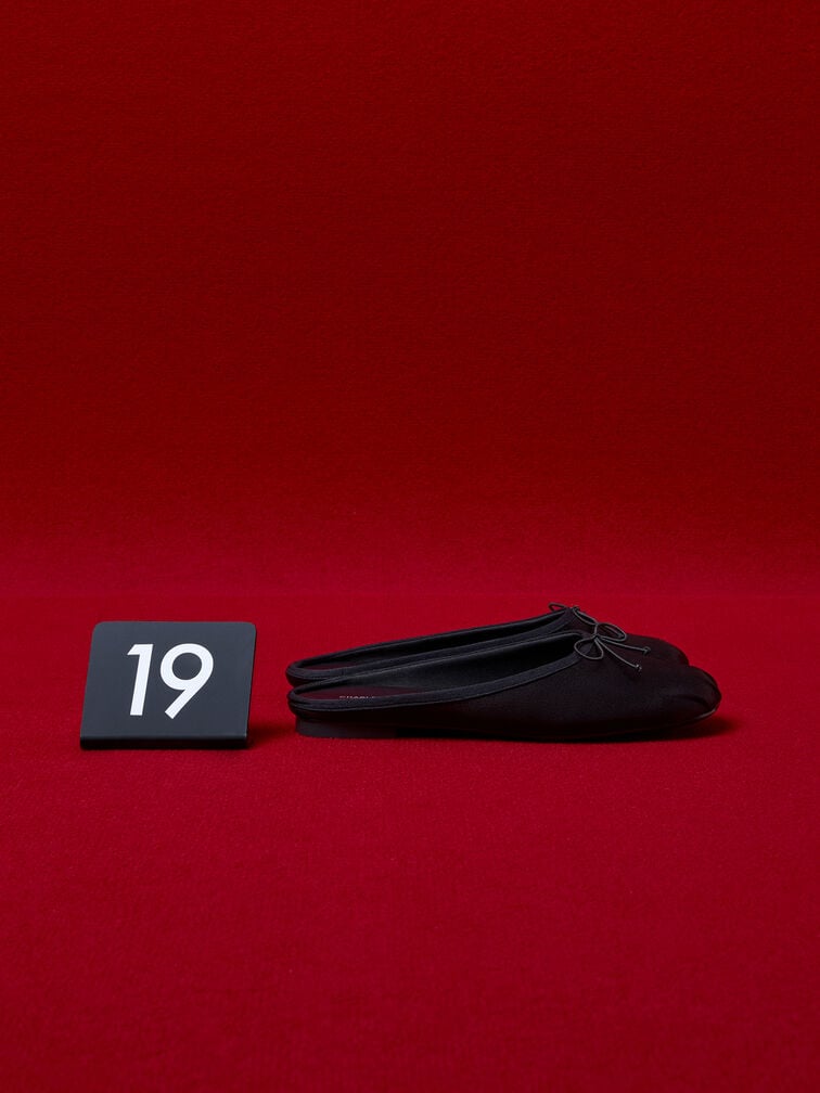 Satin Bow Flat Mules, Black Textured, hi-res