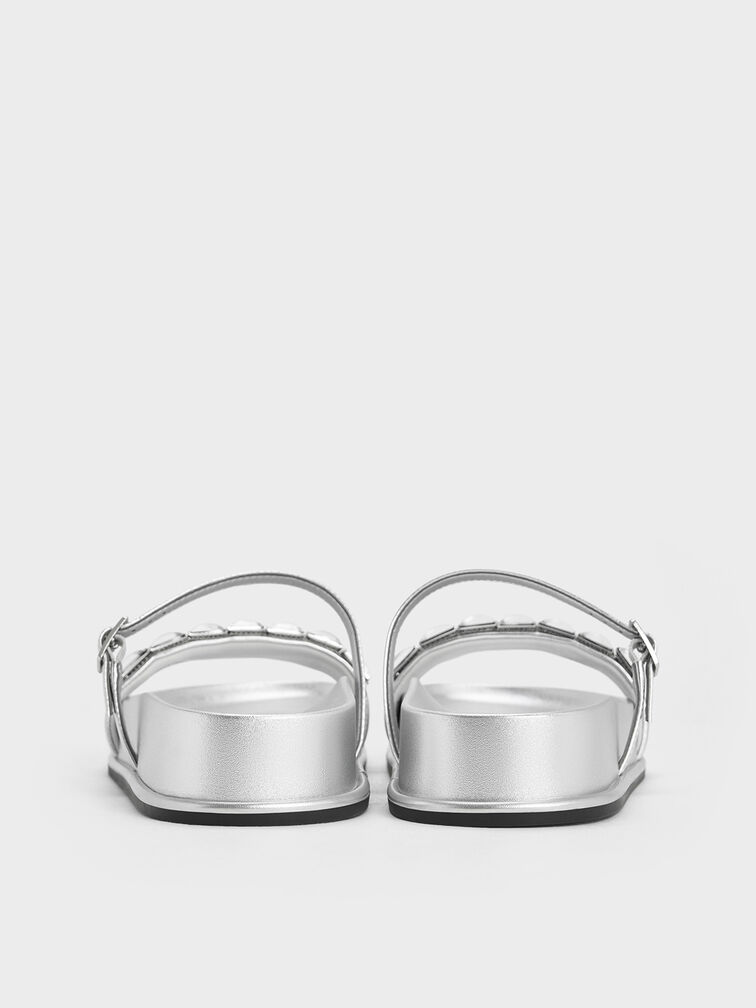 Metallic Crystal-Embellished Double-Strap Sandals, Silver, hi-res