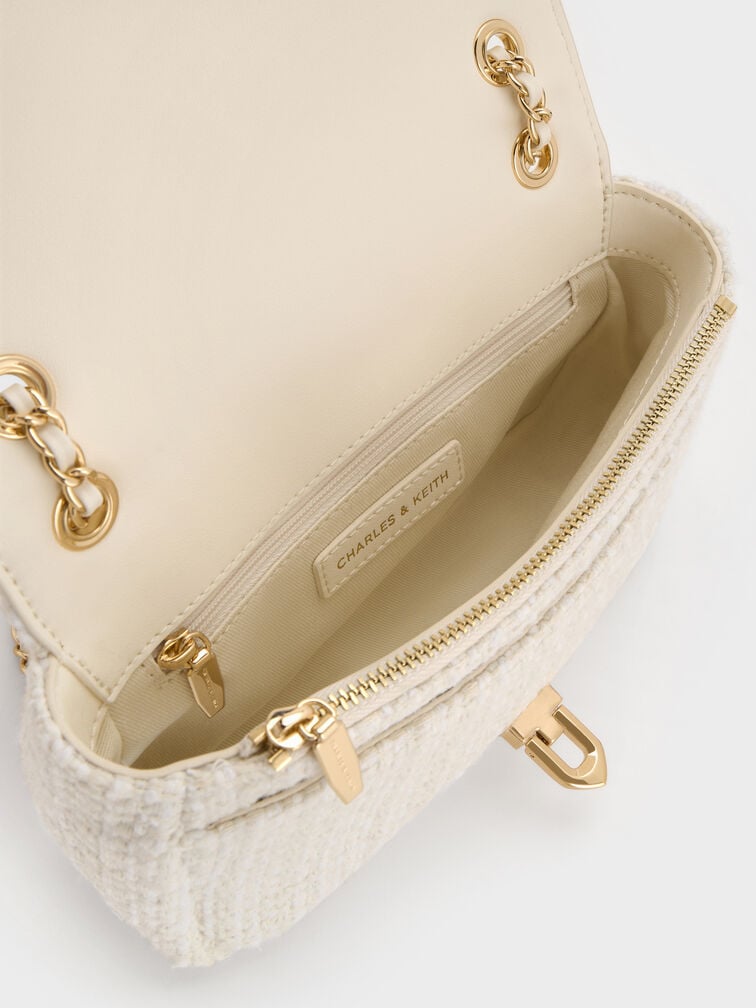 Arwen Tweed Diamond-Quilt Braided-Strap Shoulder Bag, Cream Tweed, hi-res