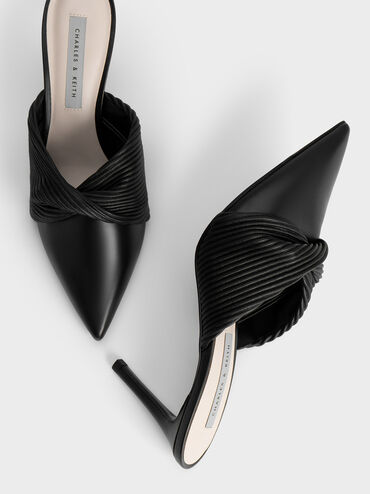 Pleated Wrap Heeled Mules, Black, hi-res