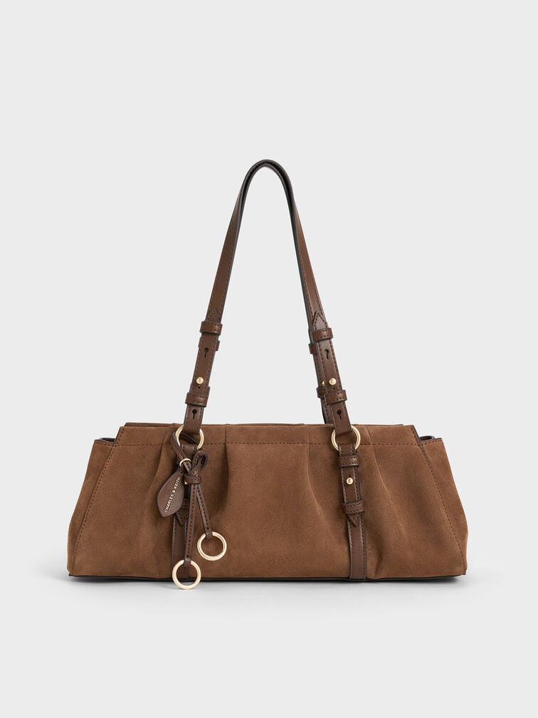 Britton Recycled Suede Ruched Elongated Shoulder Bag, Mocha Brown, hi-res