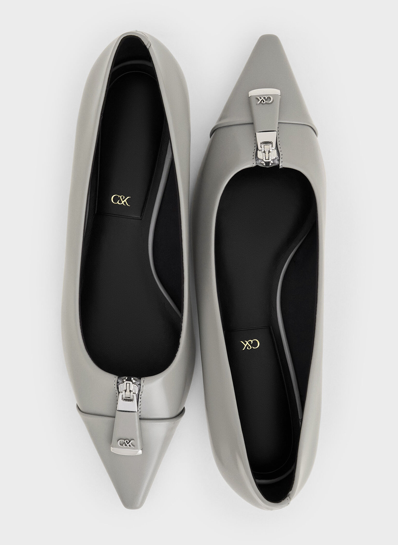 Nina Leather Pointed Cap-Toe Flats, Grey, hi-res