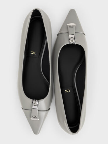 Nina Leather Pointed Cap-Toe Flats, Grey, hi-res