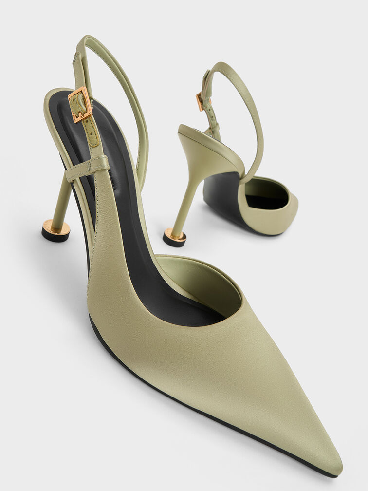 Recycled Polyester Pointed-Toe Sculptural-Heel Slingback Pumps, Green, hi-res