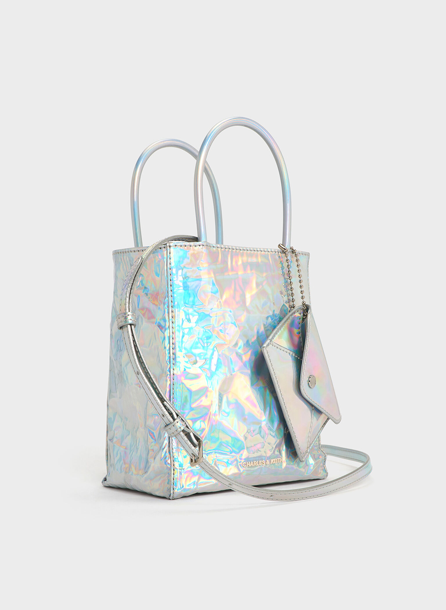 Matina Holographic Crinkle-Effect ?Elongated Tote Bag, Prism Silver, hi-res