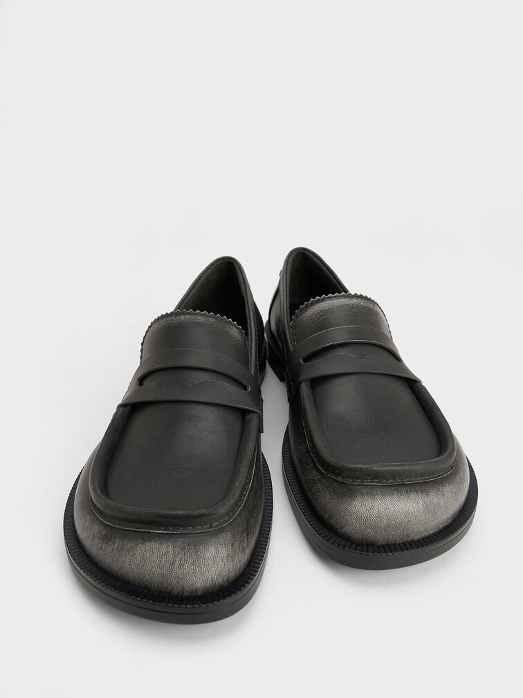 Asymmetric Penny Loafers, Black, hi-res