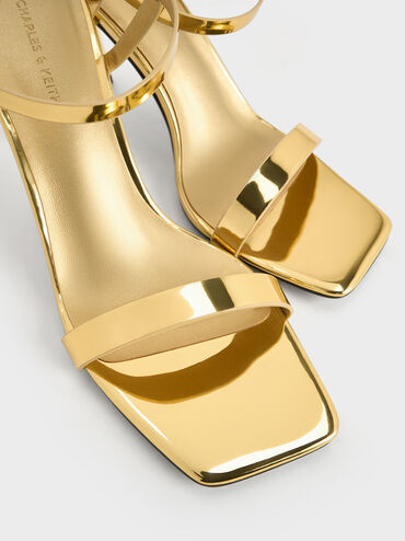 Metallic Square-Toe Ankle-Strap Heeled Sandals, Gold, hi-res