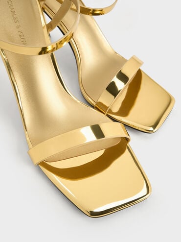 Metallic Square-Toe Ankle-Strap Heeled Sandals, Gold, hi-res