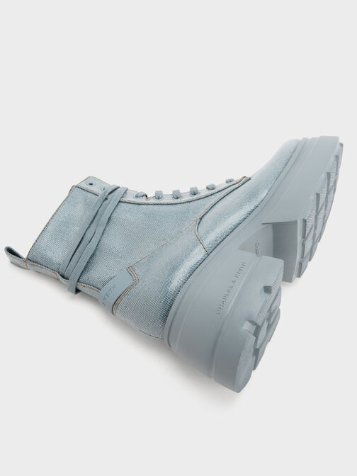 Denim Lace-Up Chunky Ankle Boots, Light Blue, hi-res