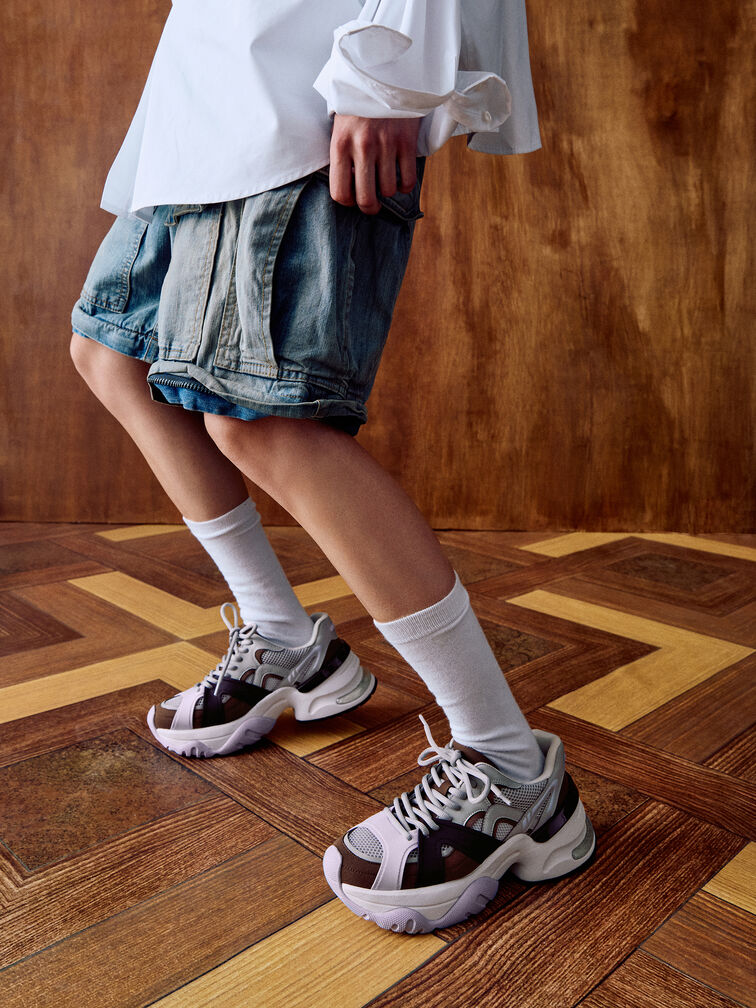 Mesh Contrast-Trim Chunky Sneakers, Brown, hi-res