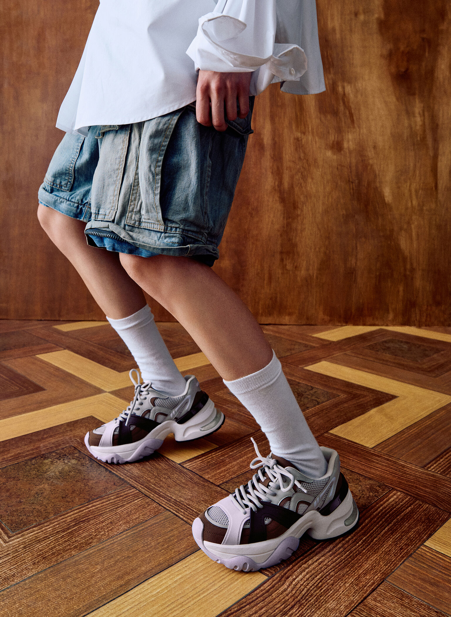 Mesh Contrast-Trim Chunky Sneakers, Brown, hi-res