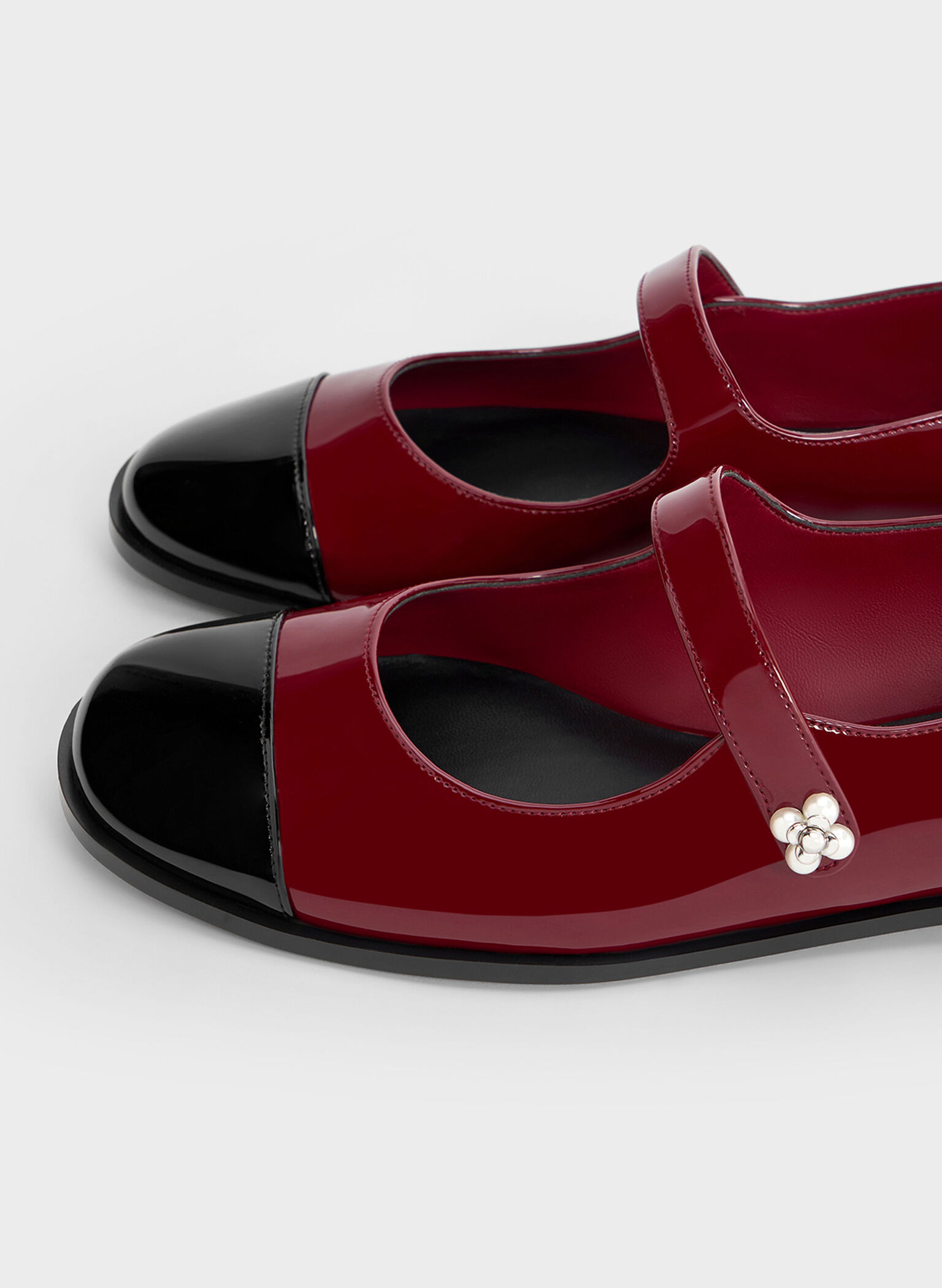 Patent Pearl-Embellished Flower-Buckle Cap-Toe Mary Janes, Maroon, hi-res
