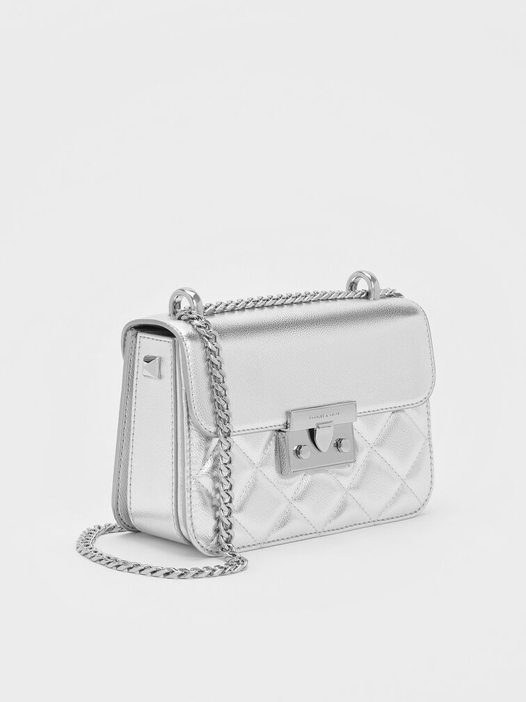 Alva Metallic Quilted Chain-Handle Bag, Silver, hi-res