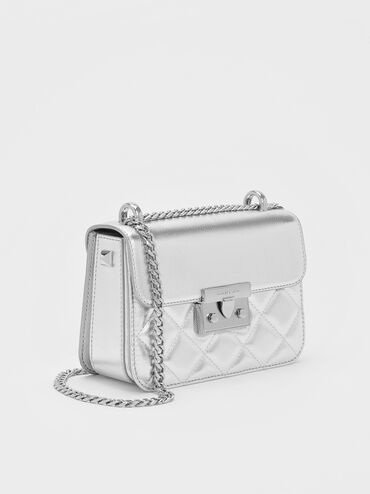 Alva Metallic Quilted Chain-Handle Bag, Silver, hi-res