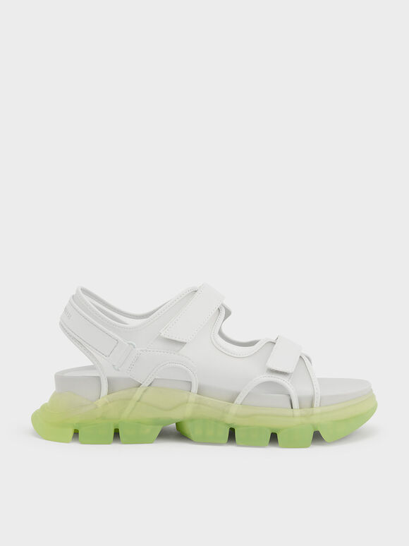 Coloured Translucent-Sole Chunky Sport Sandals, Green, hi-res
