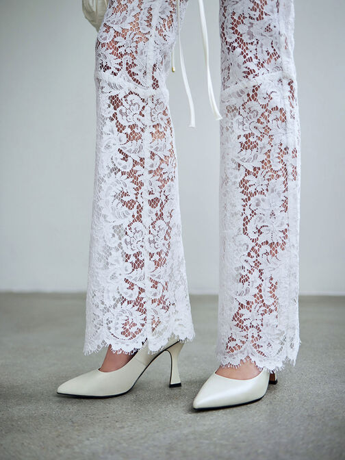 Leather Flare Heel Pumps, White, hi-res