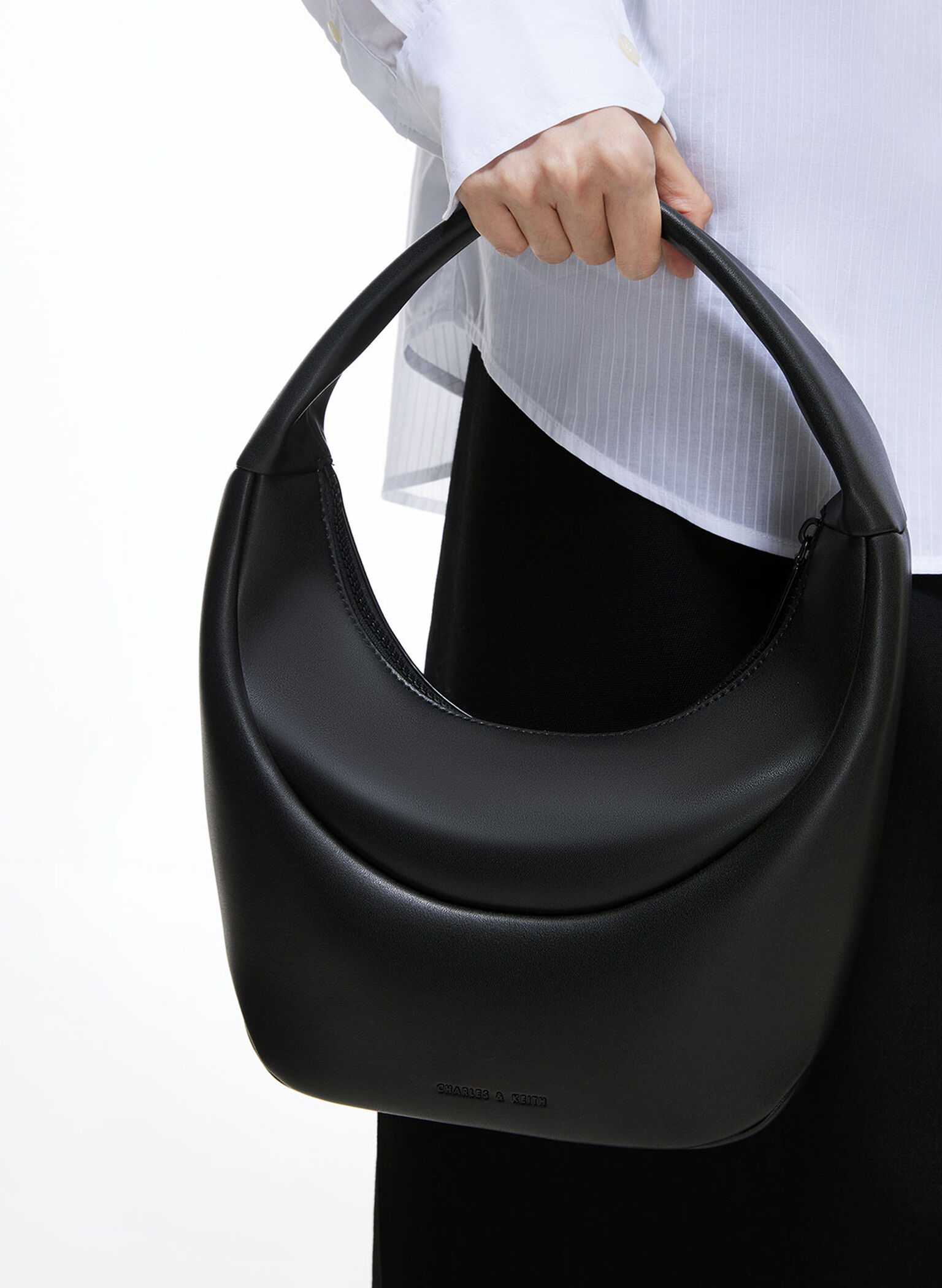 Elongated Curved Hobo Bag, Black, hi-res