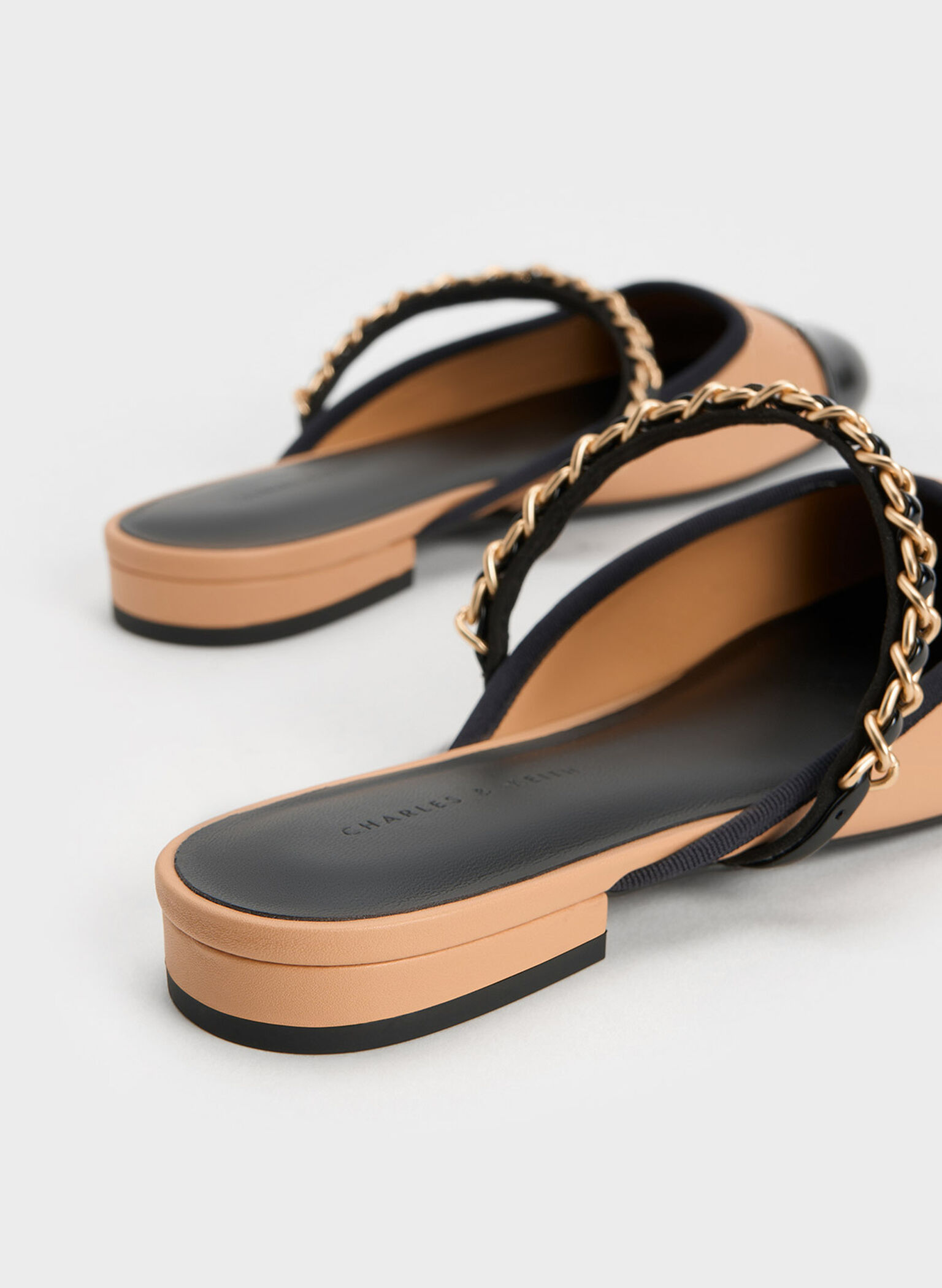 Patent Two-Tone Chain-Strap Mules, Beige, hi-res