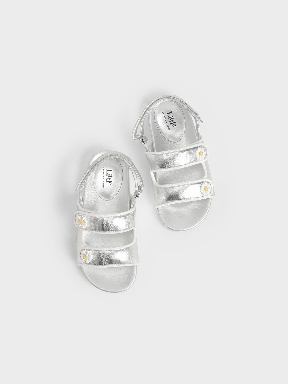 Girls' Metallic Flower-Embellished Platform Sandals, Silver, hi-res