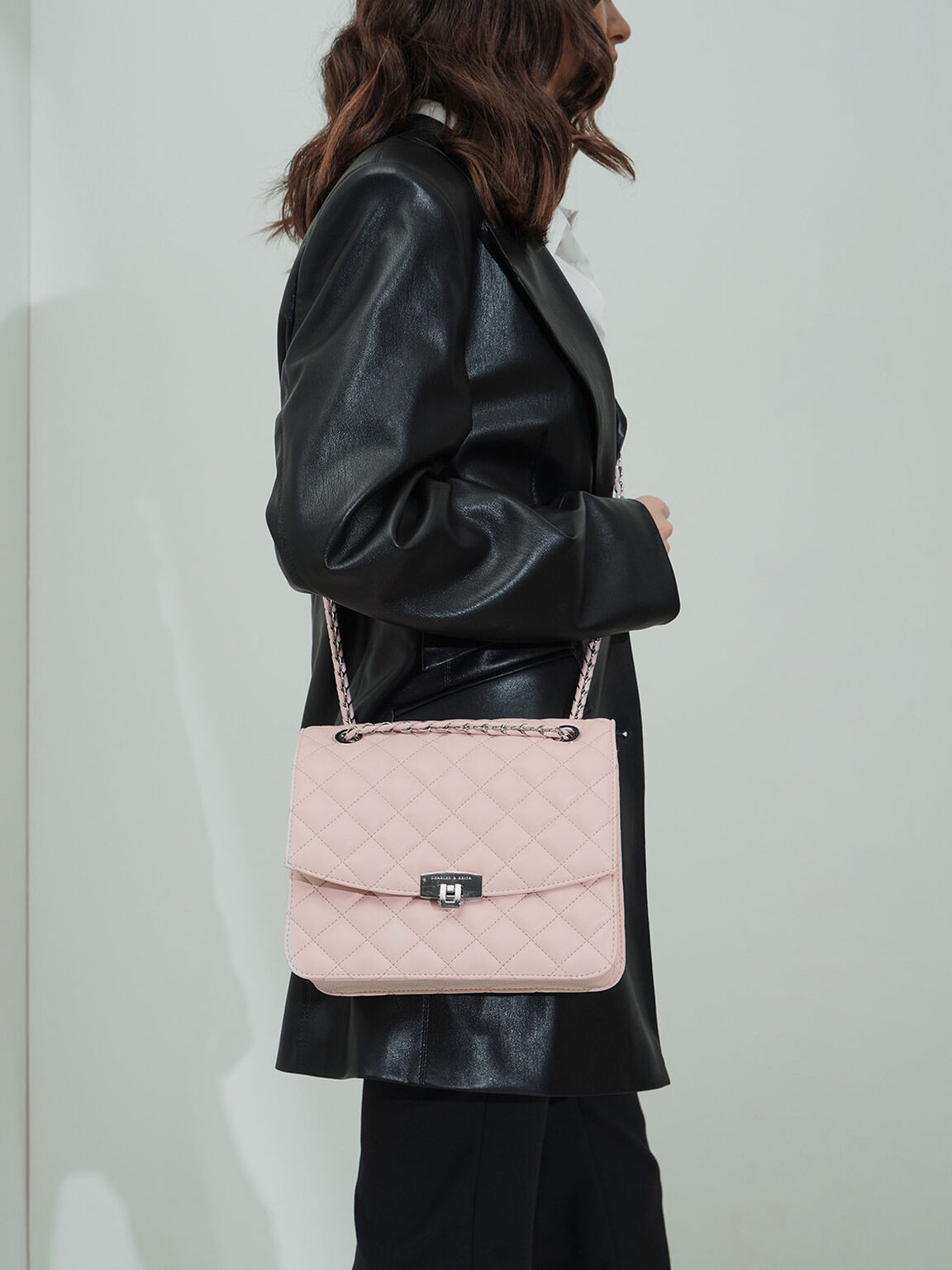 Quilted Push-Lock Clutch, Pink, hi-res