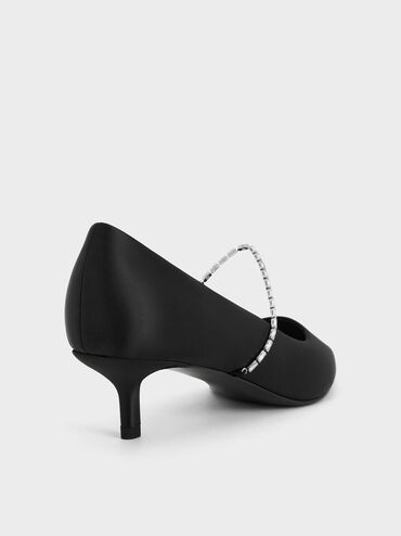 Satin Embellished-Strap Pointed-Toe Pumps, Black Textured, hi-res
