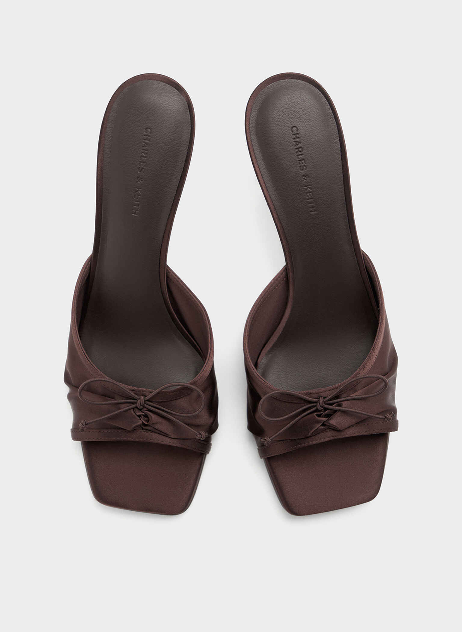 Satin Ruched Bow Heeled Mules, Dark Brown, hi-res