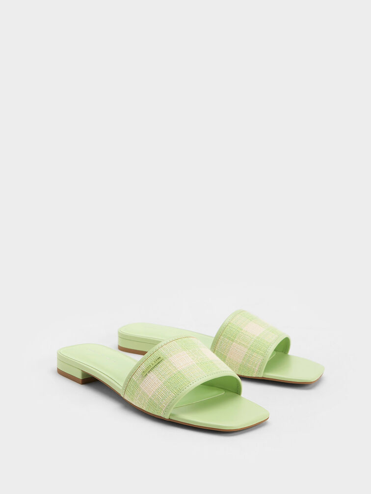 Woven Gingham Flat Sandals, Green, hi-res