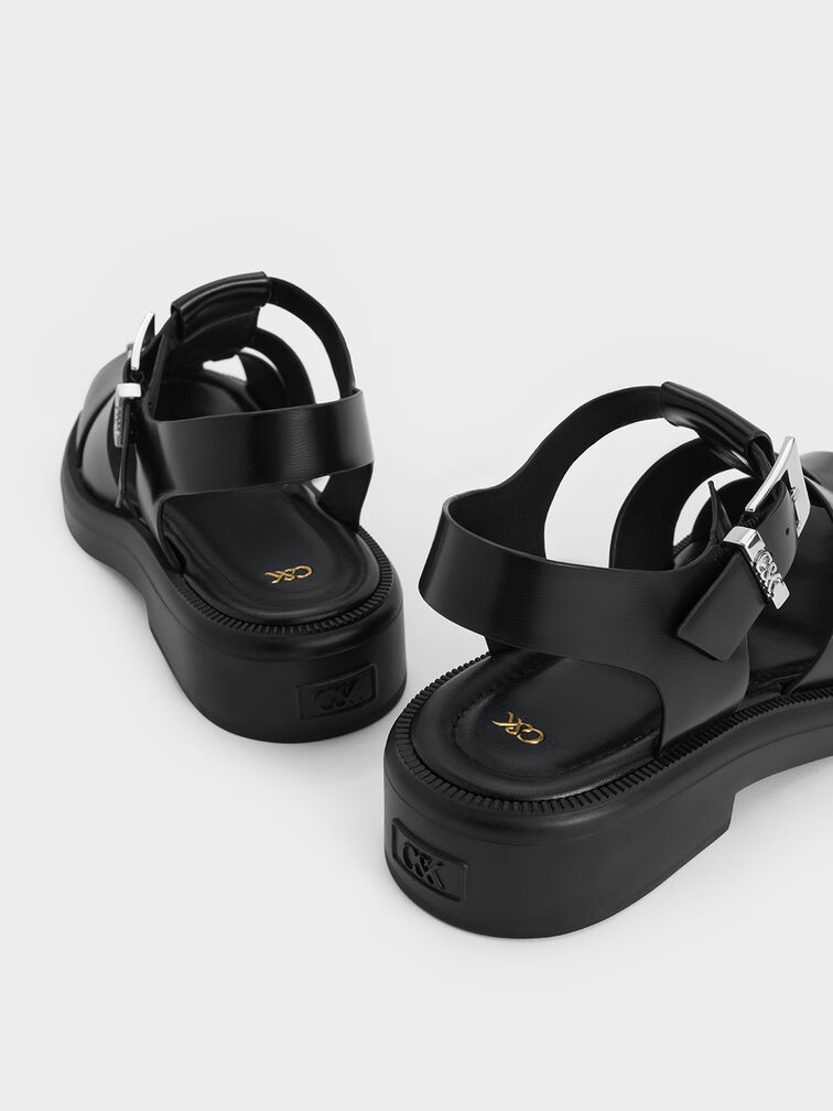 Leather Caged Sandals, Black, hi-res