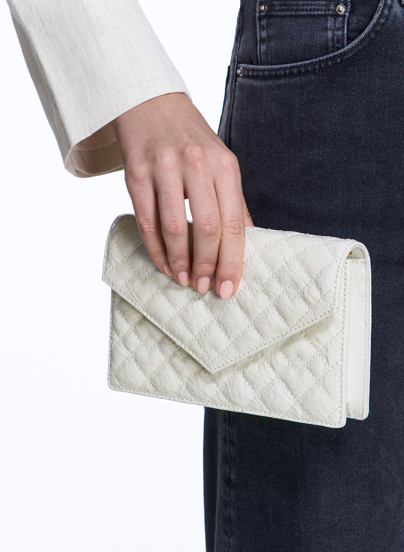 Duo Quilted Envelope Clutch, White, hi-res