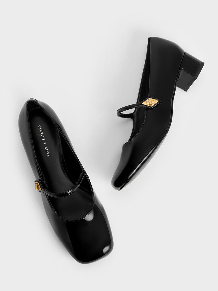 Metallic Accent Mary Jane Pumps, Black Patent, hi-res
