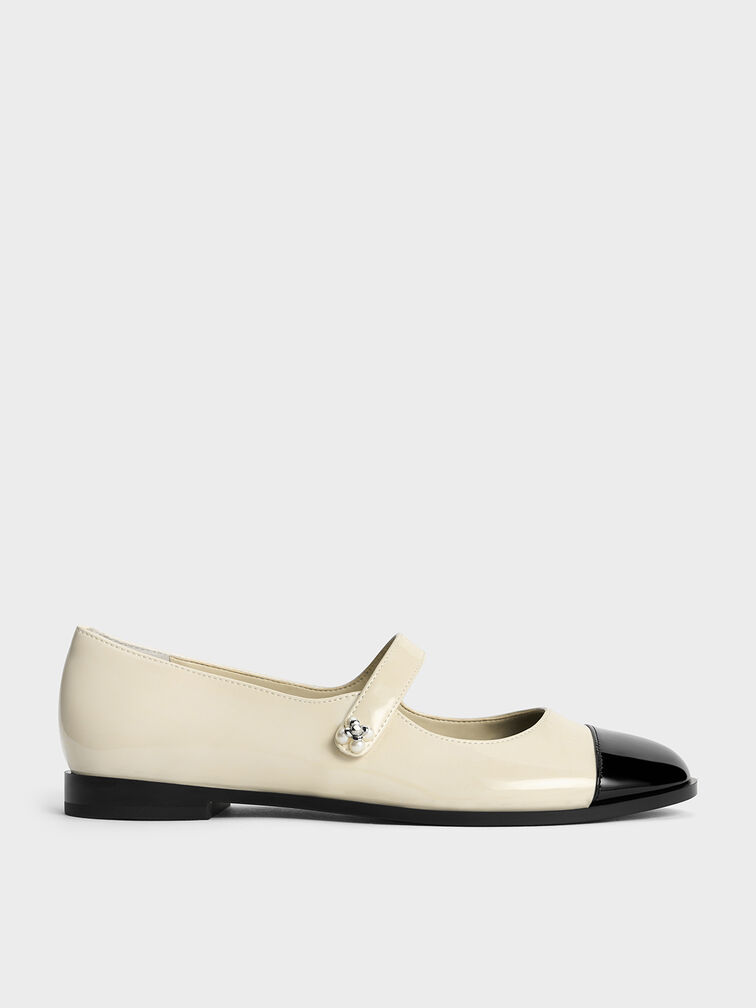 Patent Pearl-Embellished Flower-Buckle Cap-Toe Mary Janes, Chalk, hi-res