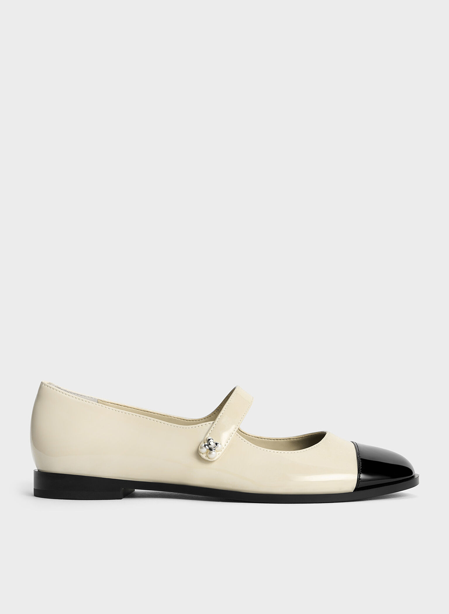 Patent Pearl-Embellished Flower-Buckle Cap-Toe Mary Janes, Chalk, hi-res