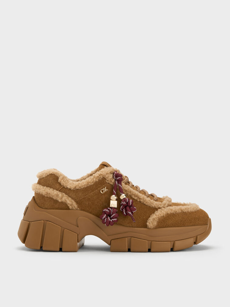 Yunna Suede & Faux Shearling Chunky Sneakers, Brown, hi-res