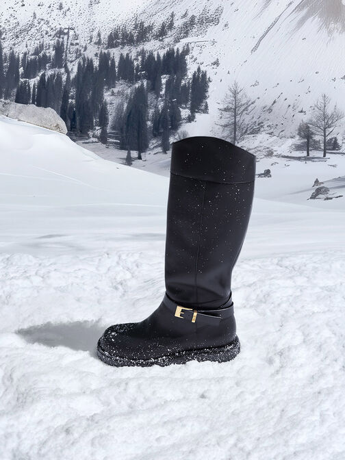 Leather Buckled-Strap Knee-High Boots, Black, hi-res