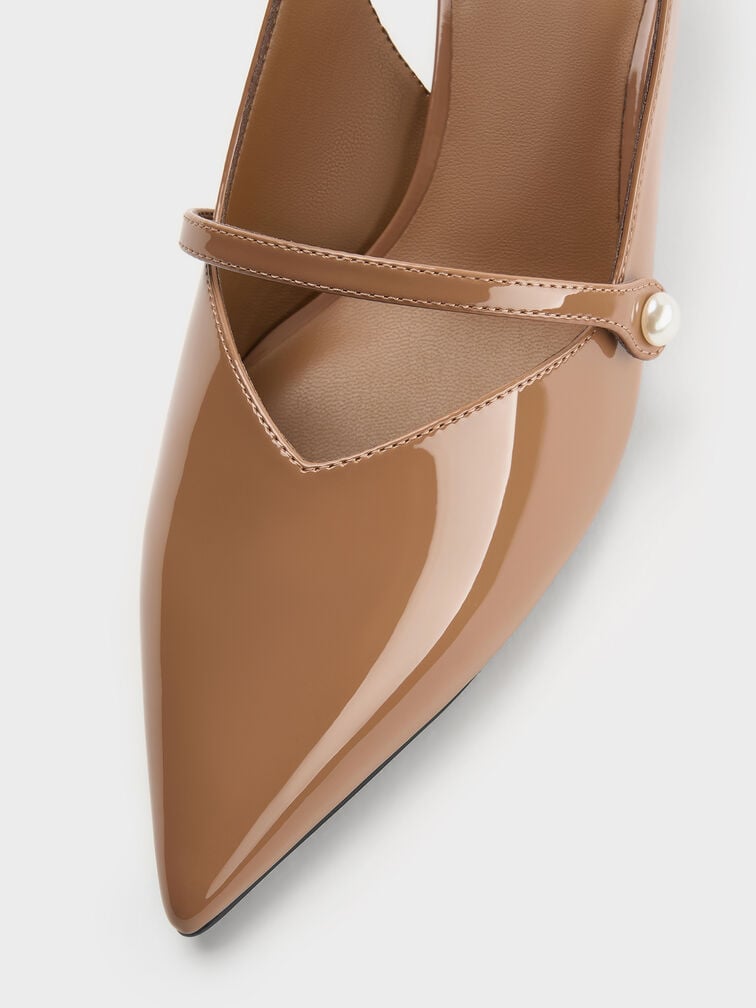 Helena Patent Pearl-Buckle Slingback Kitten Heels, Caramel, hi-res