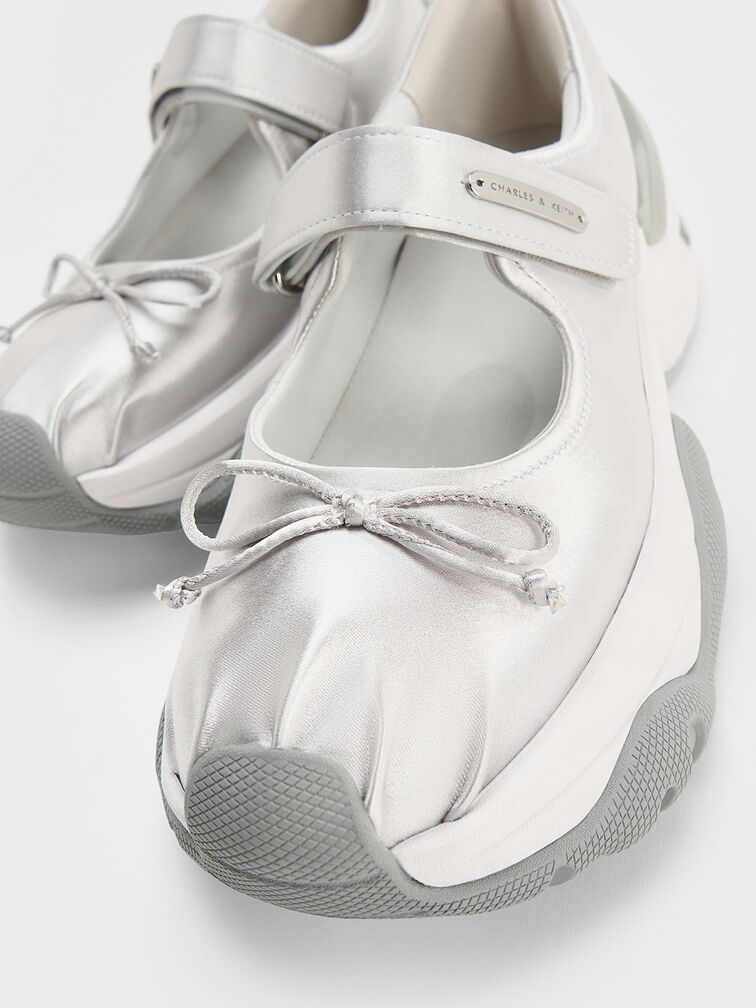 Satin Bow Two-Tone Mary Jane Sneakers, Silver, hi-res