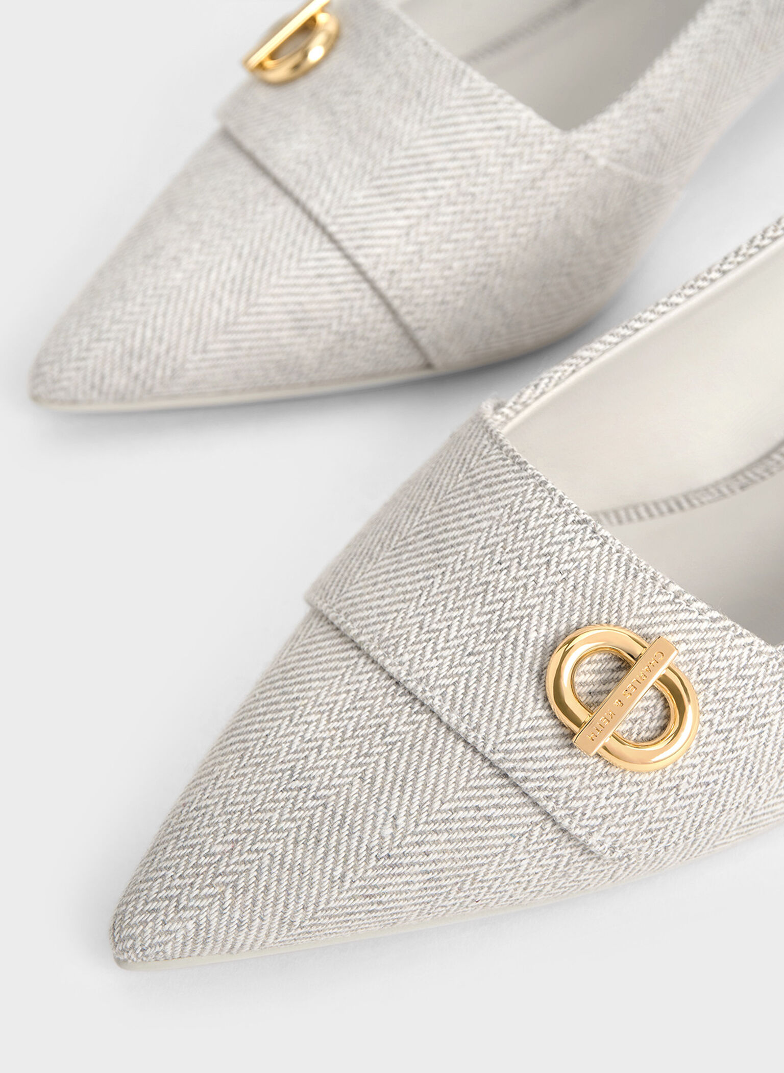 Tweed Metallic-Accent Pointed-Toe Slingback Pumps, Light Grey, hi-res