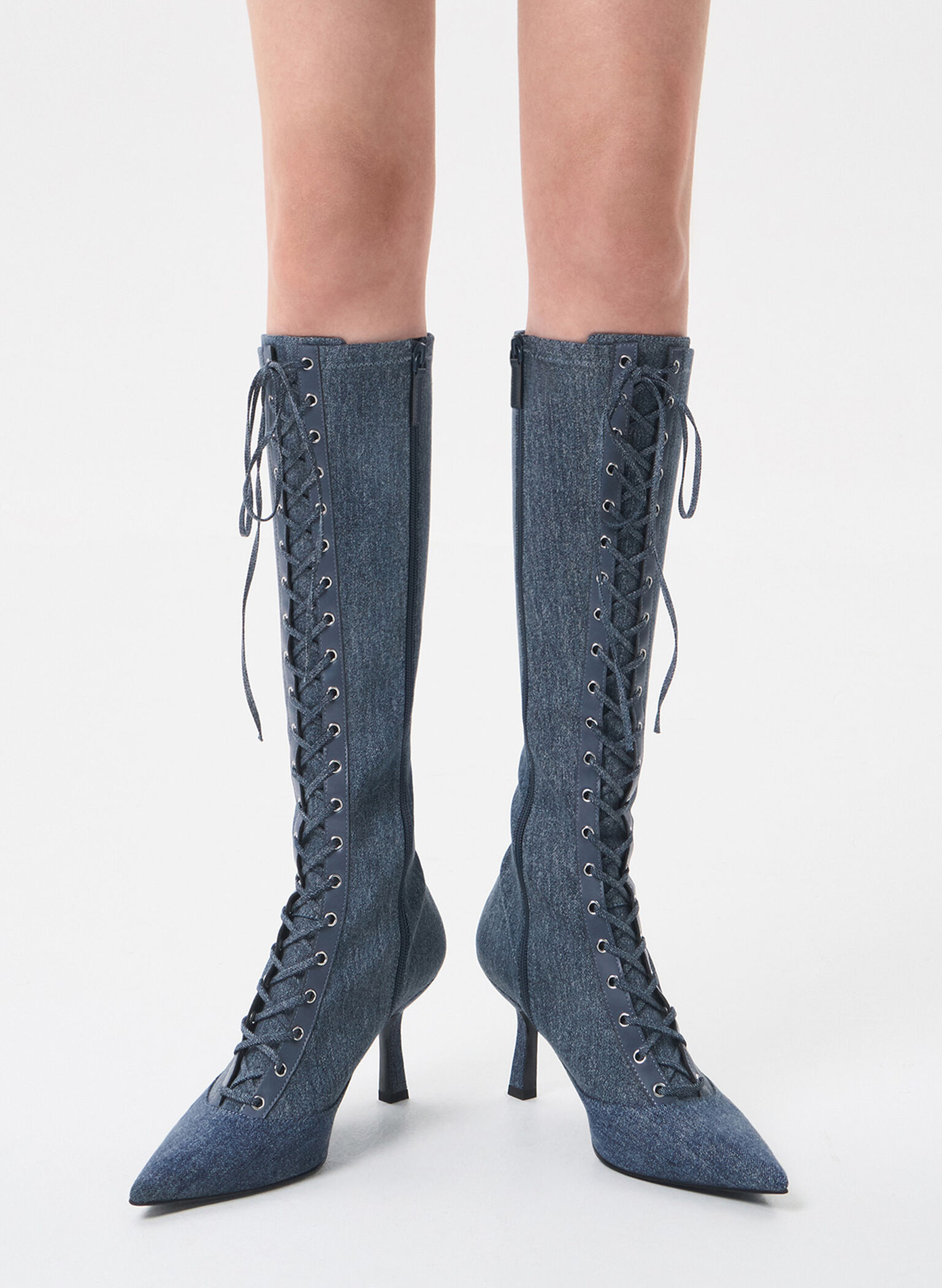 Denim Lace-Up Pointed-Toe Knee-High Boots, Denim Blue, hi-res