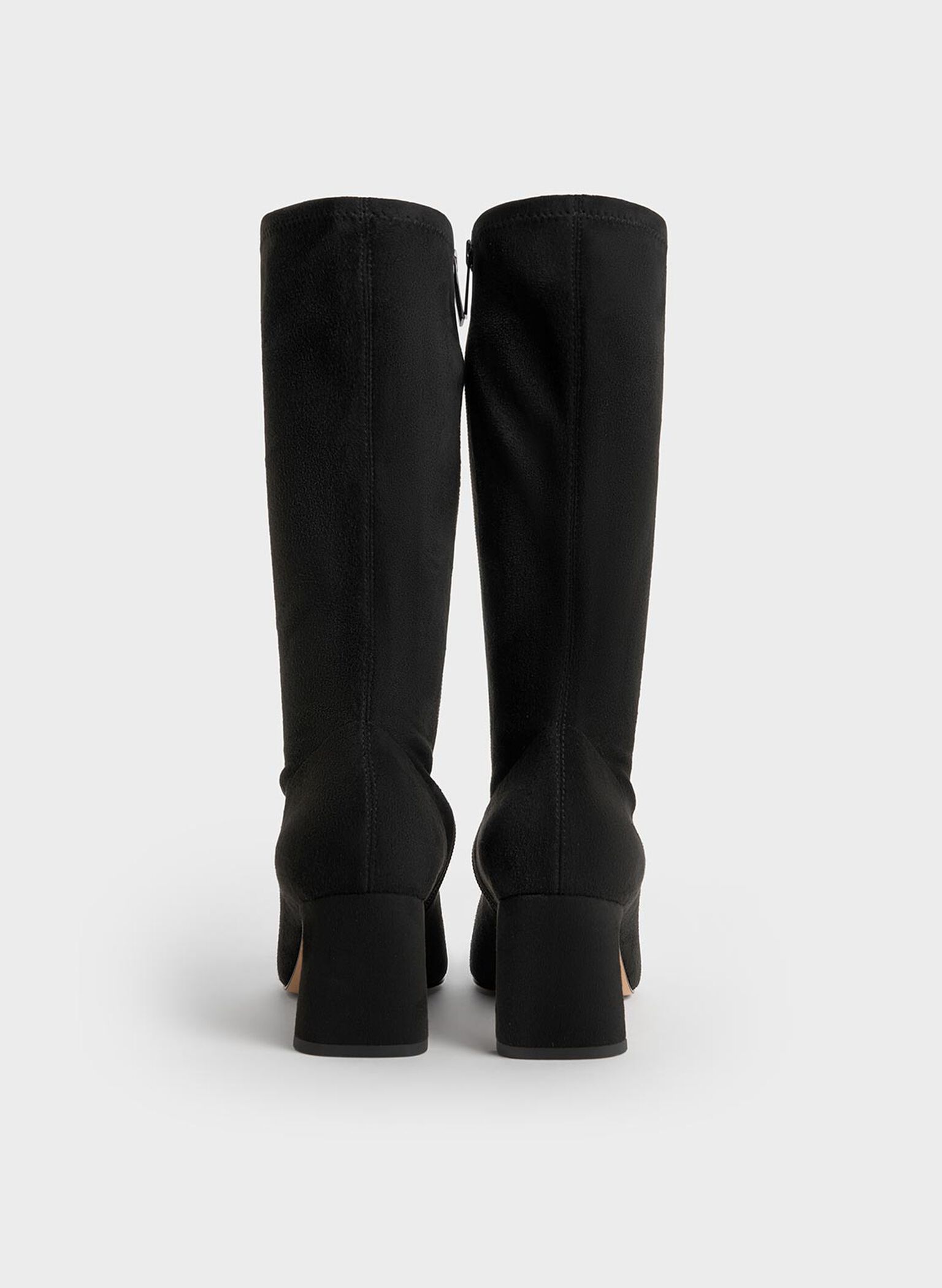 Faux Suede Blade-Heel Pointed-Toe Calf Boots, Black Textured, hi-res