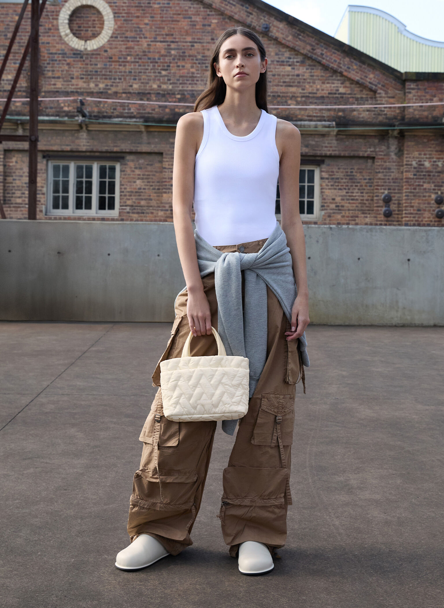 Nylon Chevron Boxy Tote Bag, Cream, hi-res