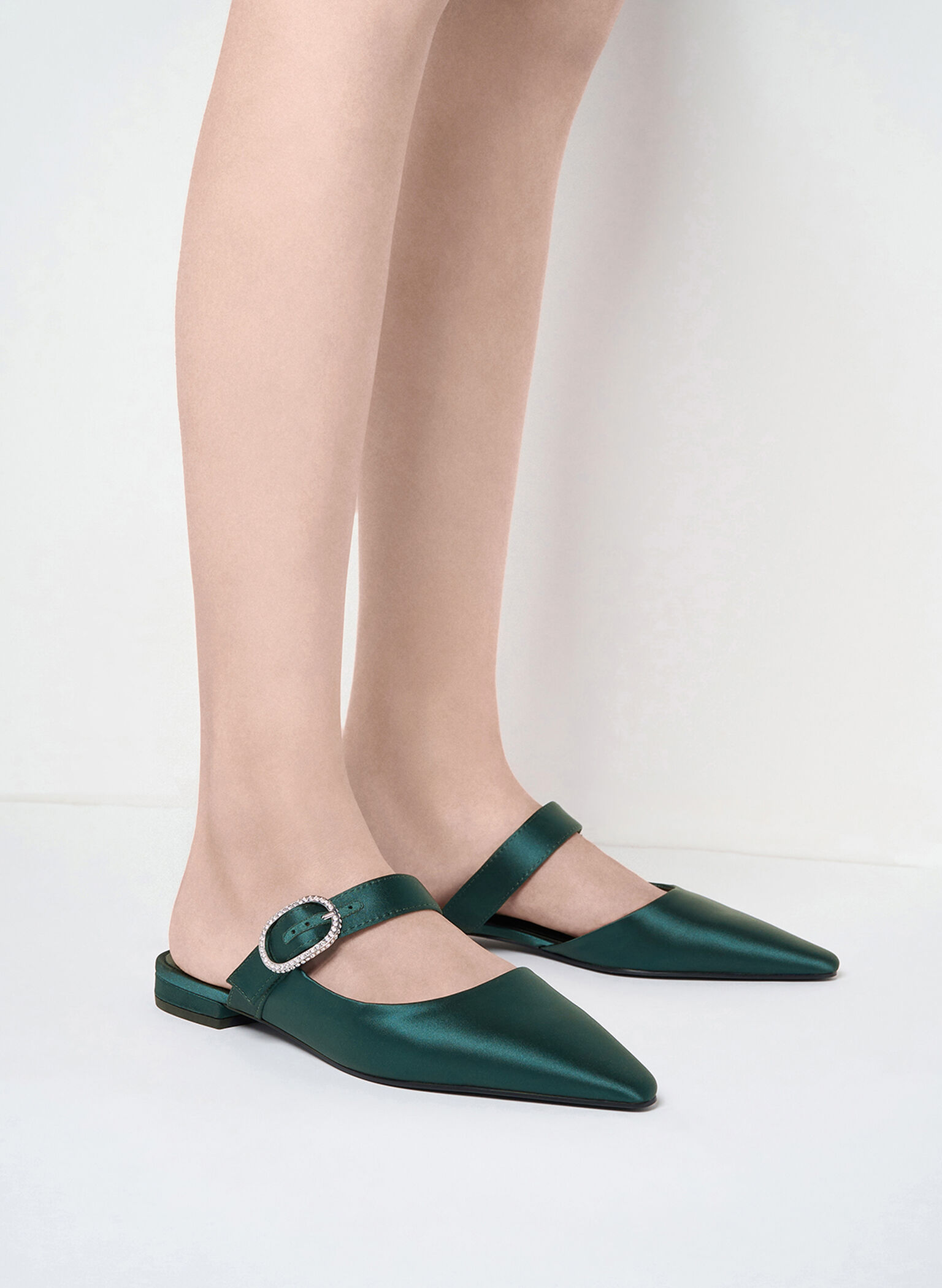 Recycled Polyester Crystal-Buckle Pointed-Toe Mules, Dark Green, hi-res