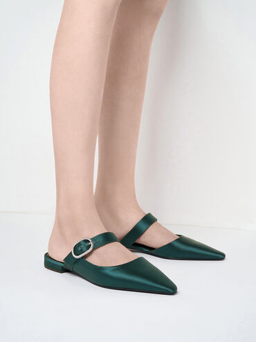Recycled Polyester Crystal-Buckle Pointed-Toe Mules, Dark Green, hi-res