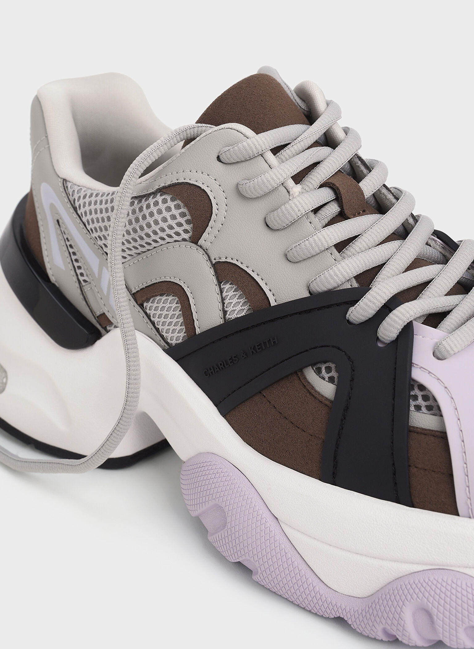 Mesh Contrast-Trim Chunky Sneakers, Brown, hi-res