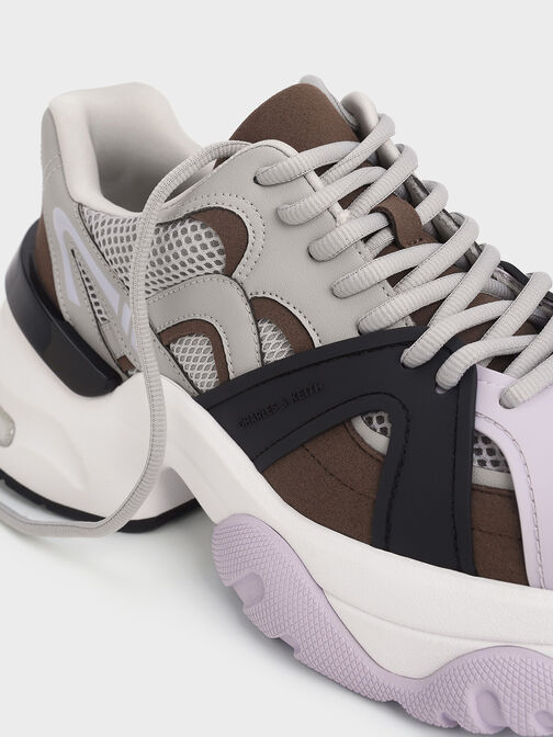 Mesh Contrast-Trim Chunky Sneakers, Brown, hi-res