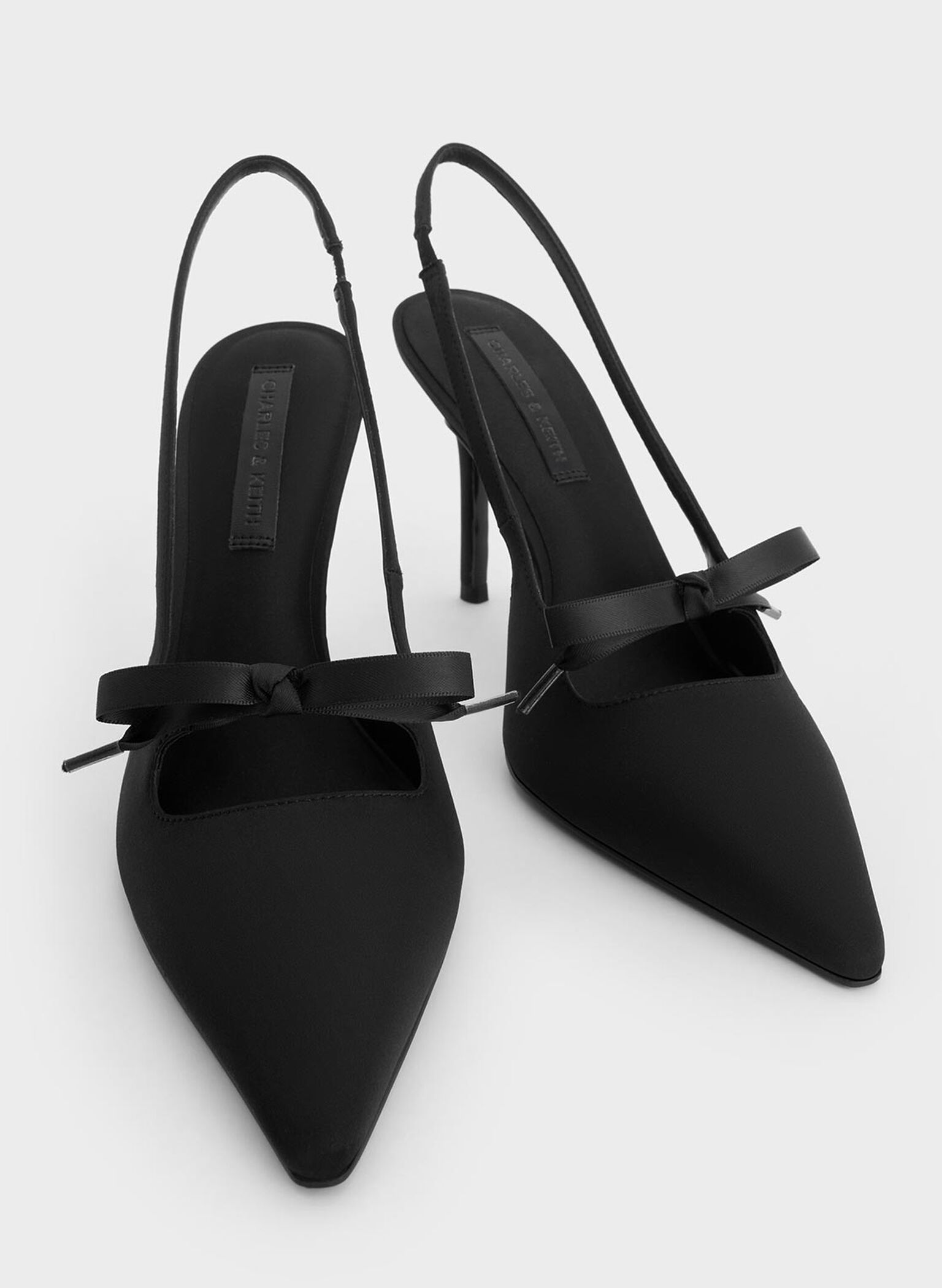 Satin Bow Pointed-Toe Slingback Pumps, Black Textured, hi-res