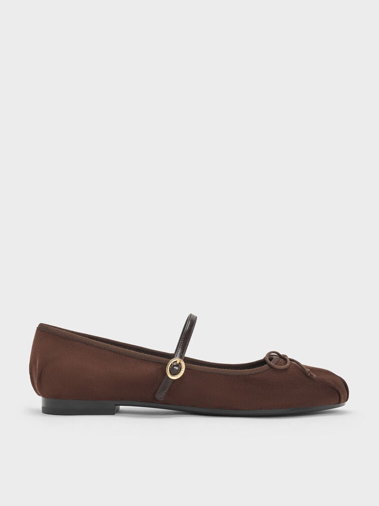 Emiko Faux Suede Bow Mary Jane Flats, Dark Brown Textured, hi-res